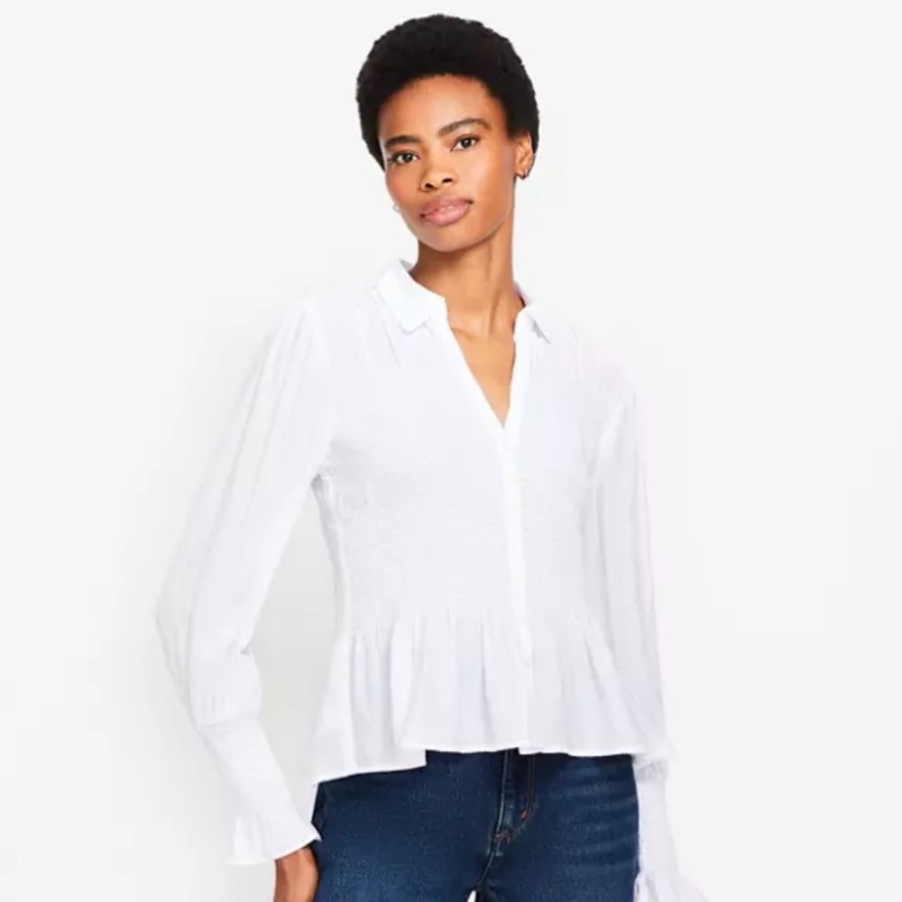 LOFT White Peplum Button-Front Blouse